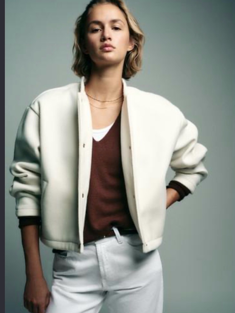 Zara Cream Bomber Jacket with Brown Layered Detail
